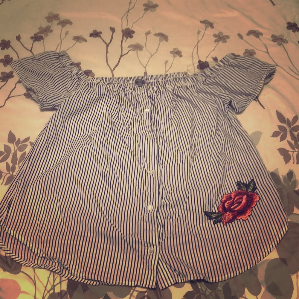 Striped off the shoulder button down blouse